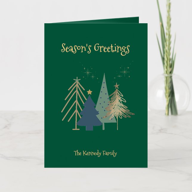 Hunter Green Pink & Gold Christmas Trees  Foil Greeting Card (Front)