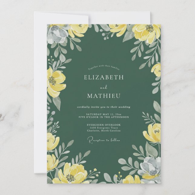 Hunter Green Poppy Wedding Invitation (Front)