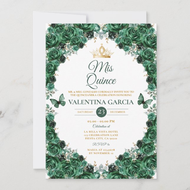 Hunter Green Quinceañera 15 Anos Floral Gold Crown Invitation (Front)