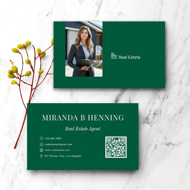 Hunter Green Real Estate Agent Photo QR Code Business Card (Creator Uploaded)