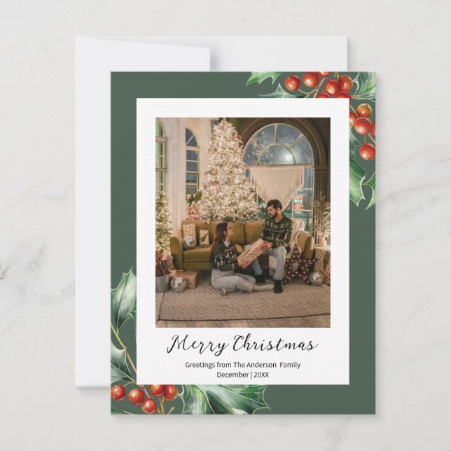 Hunter green retro holly  holiday card (Front)