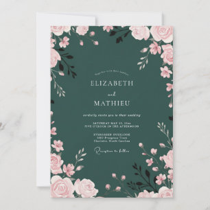 Hunter Green Romantic Floral Wedding Invitation