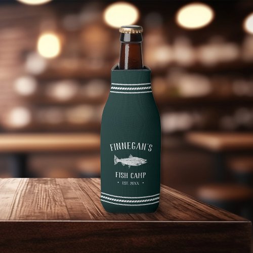 Hunter Green Rustic Fishing Cabin Personalized Bottle Cooler