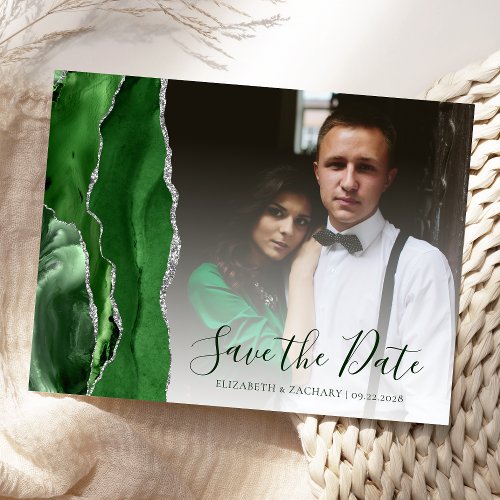 Hunter Green Silver Agate Photo Save the Date Postcard