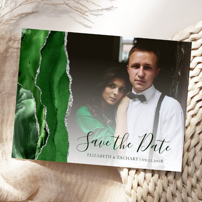 Hunter Green Silver Agate Photo Save the Date Postcard (Creator Uploaded)