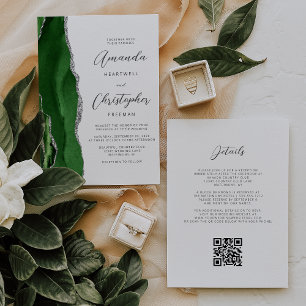 Hunter Green Silver Agate QR Code Wedding Invitation