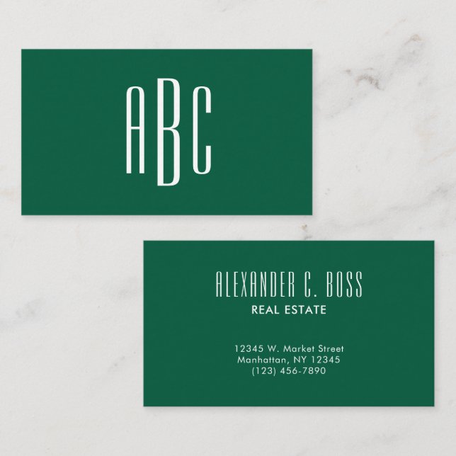Hunter Green Simple Three Letter Monogram Business Card (Front/Back)