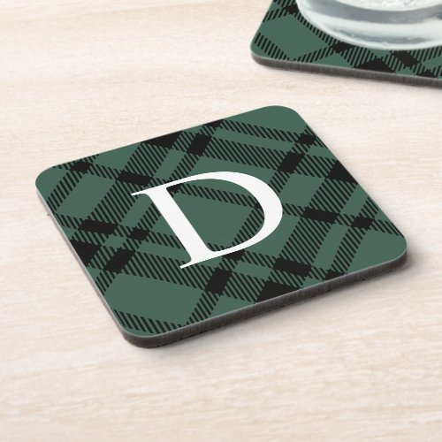 Hunter Green Tartan Plaid Custom Monogram Initial Beverage Coaster