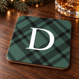Hunter Green Tartan Plaid Custom Monogram Initial Beverage Coaster