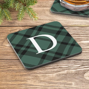 Hunter Green Tartan Plaid Custom Monogram Initial Beverage Coaster