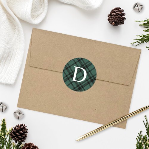 Hunter Green Tartan Plaid Holiday Monogram Initial Classic Round Sticker