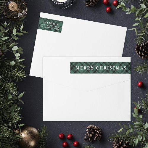 Hunter Green Tartan Plaid Merry Christmas Address Wrap Around Label