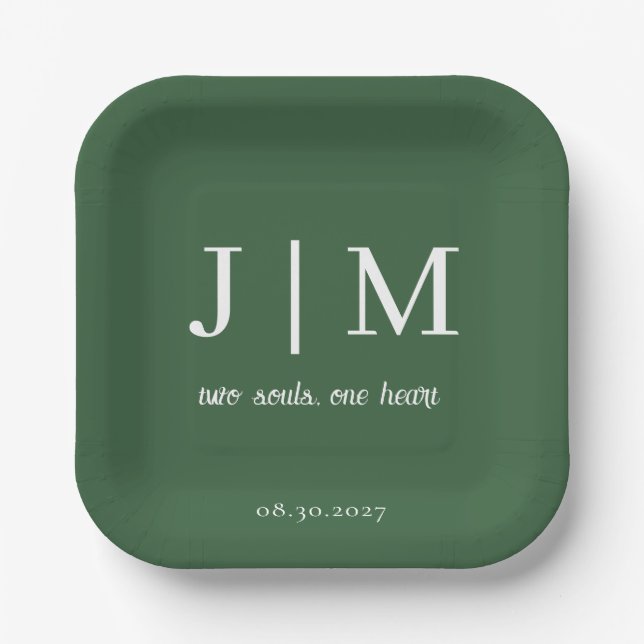 Hunter Green Wedding Customizable Message Date  Paper Plates (Front)