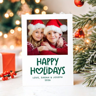 Hunter Green Whimsical Heart Family Photo Happy Holiday Card