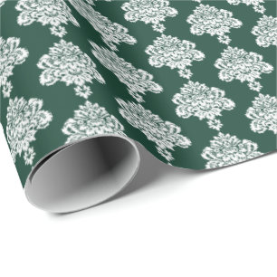 Hunter Green White Damask Wrapping Paper