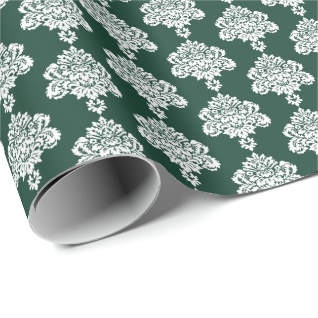 Hunter Green | White Damask Wrapping Paper (Roll Corner)