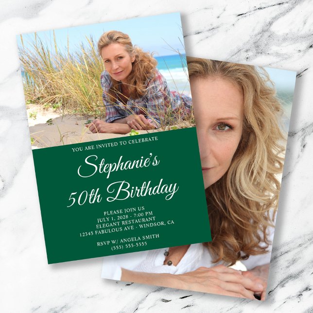 Hunter Green White Elegant Script 50th Birthday Invitation (Hunter Green and White Elegant Script 50th Birthday Invitation)