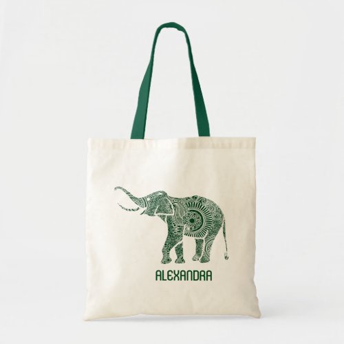 Hunter Green  White Floral Elephant Monogram Tote Bag