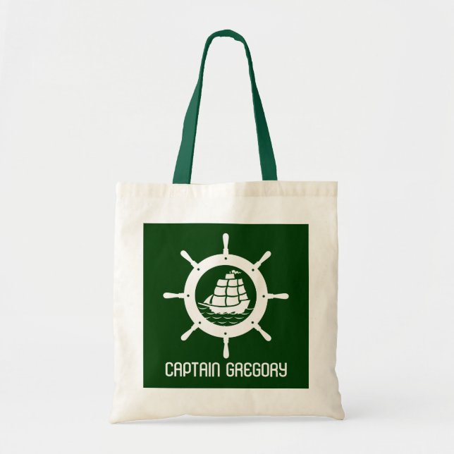 Hunter Green & White Nautical Boat Wheel Tote Bag (Front)