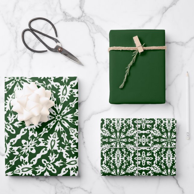 Hunter Green & White Pattern Wrapping Paper Sheets (Front)