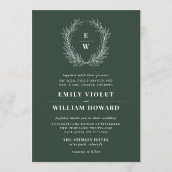 Hunter Green Wreath Monogram Wedding Invitation by 2BirdStone at Zazzle