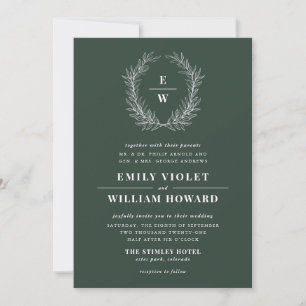 Hunter Green Wreath Monogram Wedding Invitation