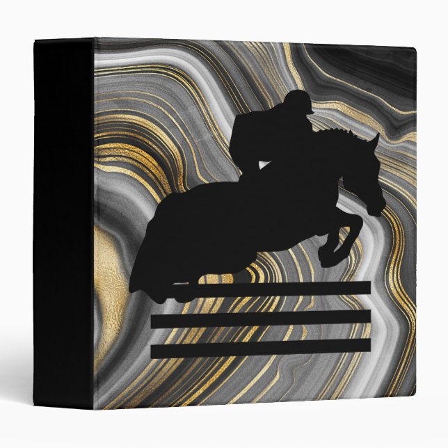 Hunter Jumper Silhouette on Gold Black Agate 3 Ring Binder (Front/Spine)