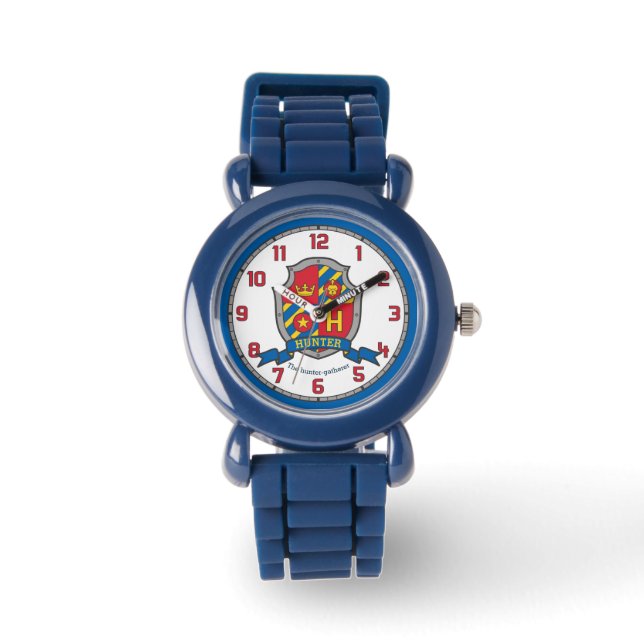 Hunter name meaning lion crest red blue yellow watch (Front)