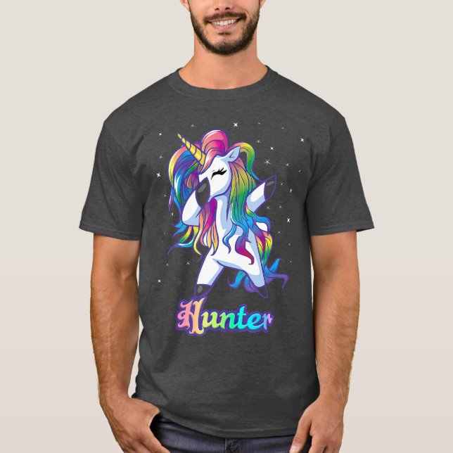 HUNTER Name Personalized Custom Rainbow Unicorn T-Shirt (Front)