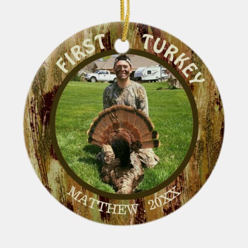 Hunter Photo FIRST TURKEY Hunting Camouflage Ceramic Ornament - Commemorate their first turkey hunting experience by creating a special keepsake ornament. The text can be changed or deleted as desired. The background has a rugged, hand-painted watercolor design in camouflage shades of brown and green. PHOTO TIP:  For fastest/best results, choose a photo with the subject in the middle and/or pre-crop your image to a square shape BEFORE uploading and it will fill in the photo space provided perfectly. The text font style, size and color can be changed by clicking on the CUSTOMIZE FURTHER tab. Contact the designer if you'd like this design modified or on another item.