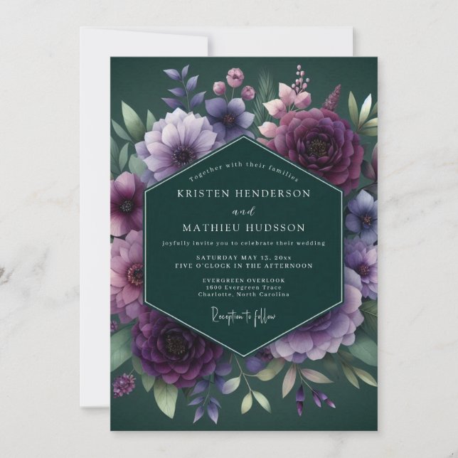 Hunter Plum Floral Wedding Invitation (Front)