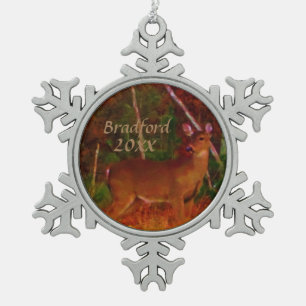 Hunter's Deer, Personalize name date Snowflake Pewter Christmas Ornament