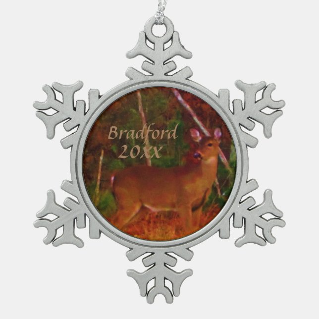 Hunter's Deer, Personalize name date Snowflake Pewter Christmas Ornament (Front)