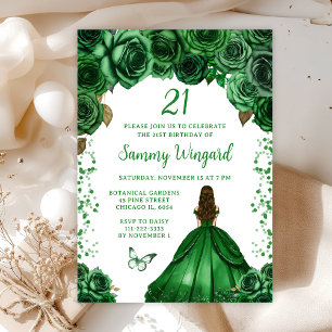 Hunters Green Brown Hair Princess Birthday Party Invitation