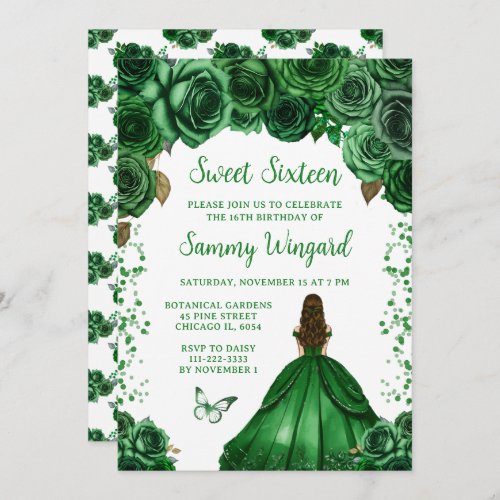 Hunters Green Brown Hair Princess Sweet Sixteen Invitation