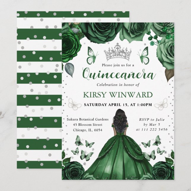 Hunters Green Dress Dark Skin Princess Quinceanera Invitation (Front/Back)
