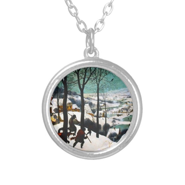 Hunters in the Snow Landscape Pieter Bruegel Silver Plated Necklace (Front)