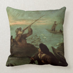 Hunters Shooting at Ducks (oil on canvas) Throw Pillow