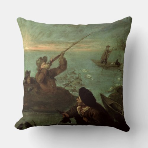 Hunters Shooting at Ducks oil on canvas Throw Pillow