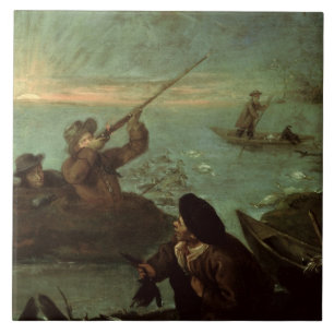 Hunters Shooting at Ducks (oil on canvas) Tile
