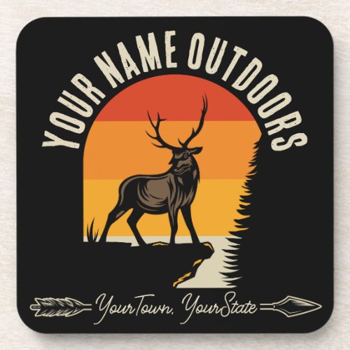 Hunting ADD NAME Outdoors Deer Elk Wilderness Camp Beverage Coaster