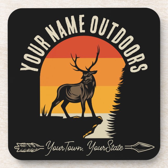 Hunting ADD NAME Outdoors Deer Elk Wilderness Camp Beverage Coaster (Front)