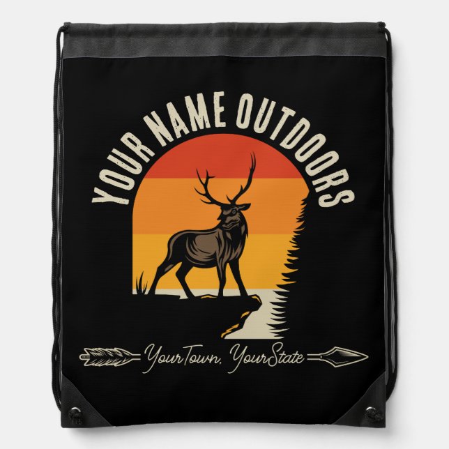 Hunting ADD NAME Outdoors Deer Elk Wilderness Camp Drawstring Bag (Front)