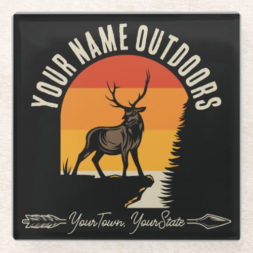 Hunting ADD NAME Outdoors Deer Elk Wilderness Camp Glass Coaster