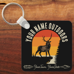 Hunting ADD NAME Outdoors Deer Elk Wilderness Camp Keychain