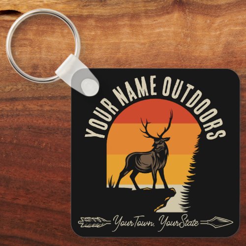 Hunting ADD NAME Outdoors Deer Elk Wilderness Camp Keychain