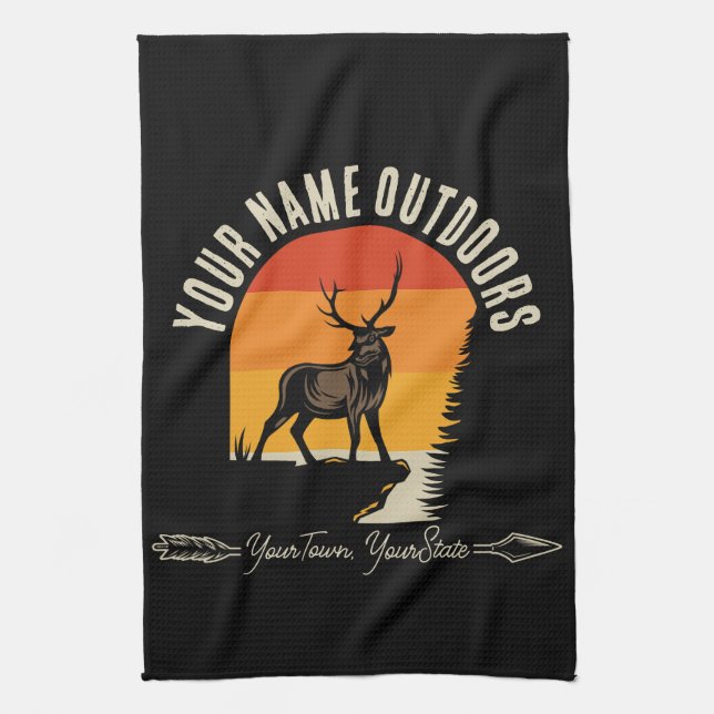 Hunting ADD NAME Outdoors Deer Elk Wilderness Camp Kitchen Towel (Vertical)
