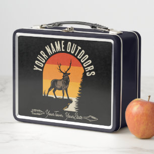 Hunting ADD NAME Outdoors Deer Elk Wilderness Camp Metal Lunch Box