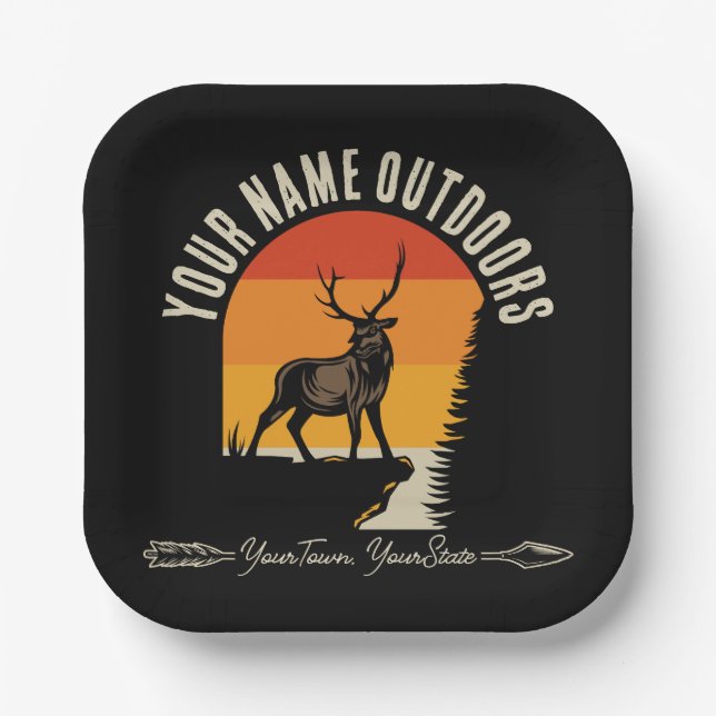 Hunting ADD NAME Outdoors Deer Elk Wilderness Camp Paper Plates (Front)
