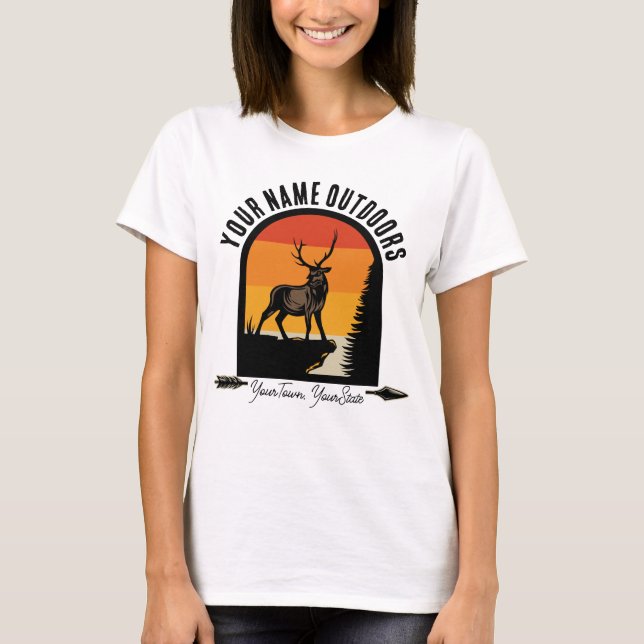 Hunting ADD NAME Outdoors Deer Elk Wilderness Camp T-Shirt (Front)